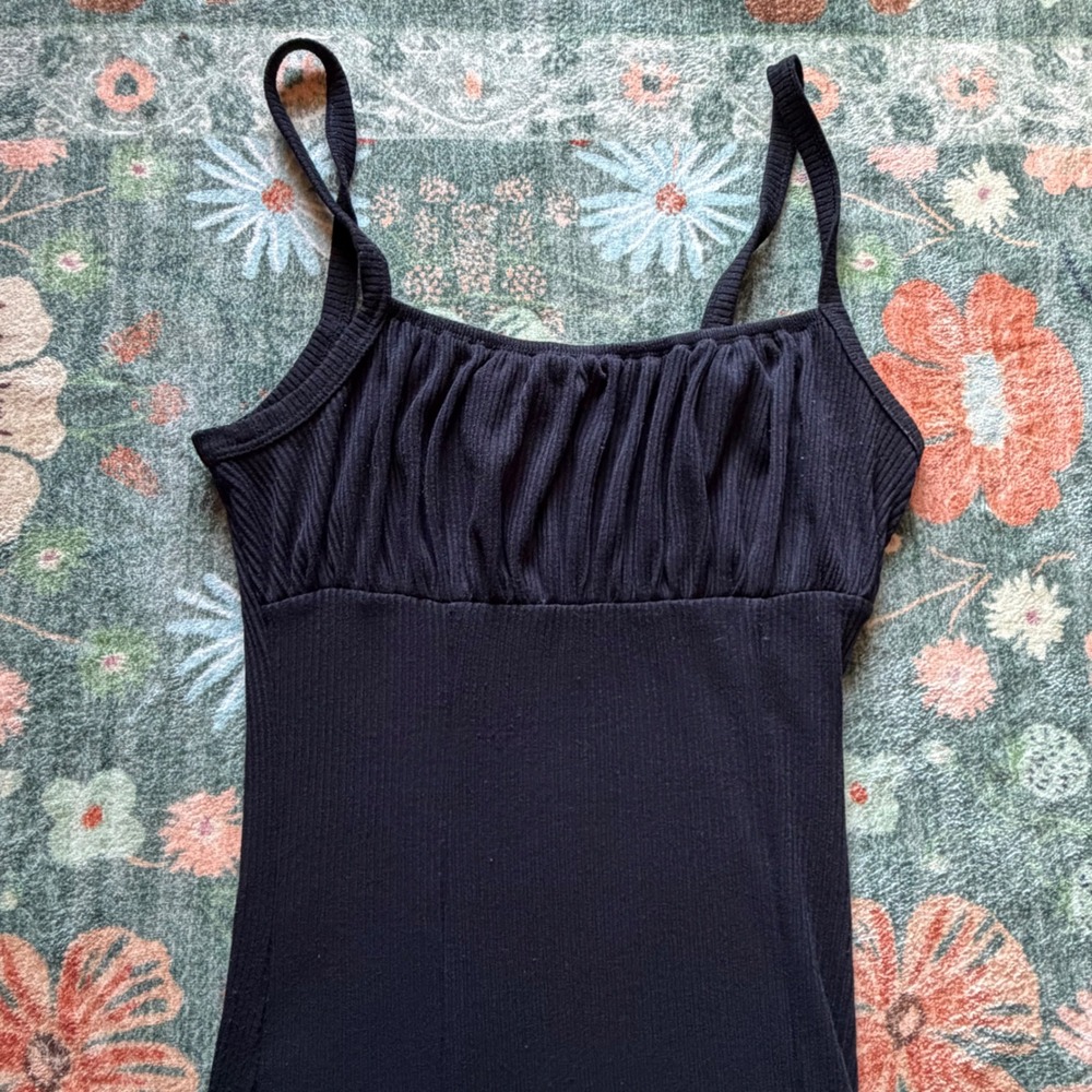 Topshop Black Ribbed Maxi Dress Ruched Bust Spaghetti Strap Side Slit Size US 6